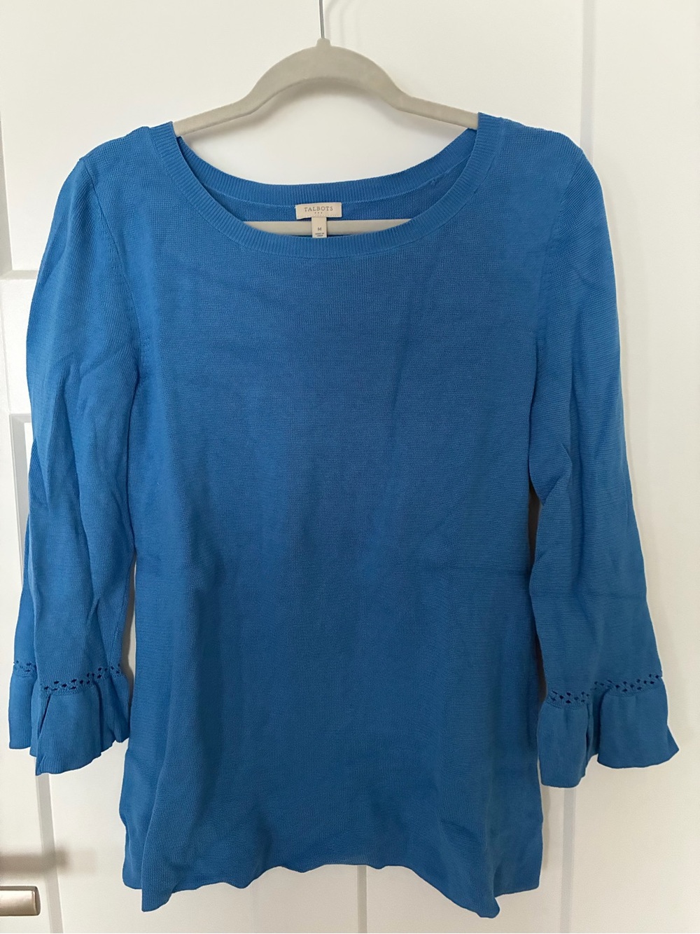 Talbots Bright Blue Eyelet Ruffle-Sleeve Knit Top